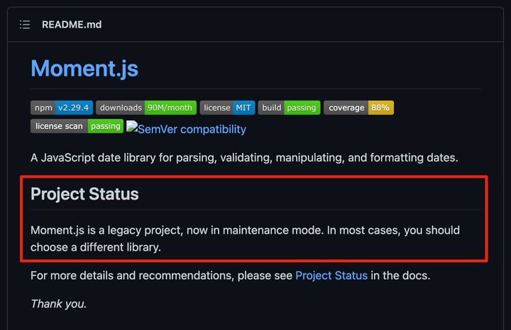 Screenshot of Moment.js library's project status on Github