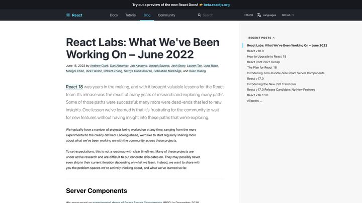 Screenshot of React blog