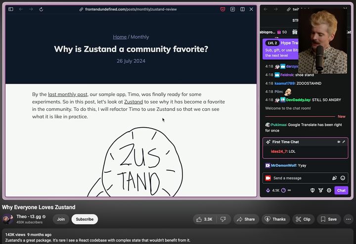 Screenshot of Theo's livestream on the zustand post