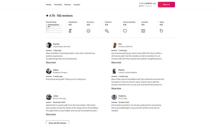 Photo of an Airbnb listing reviews in English