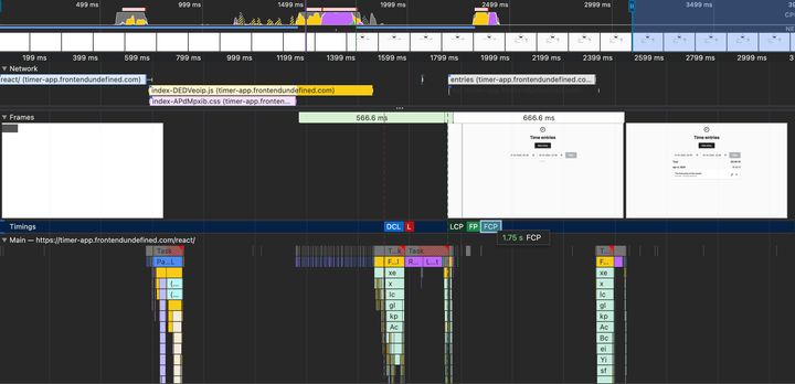 Screenshot of the Chrome dev tools profiler loading the Entries page with throttling