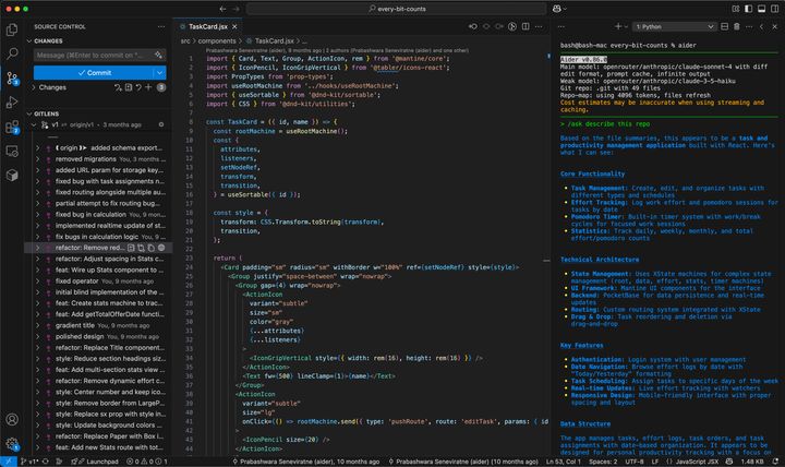 Screenshot of Aider running in VS Code