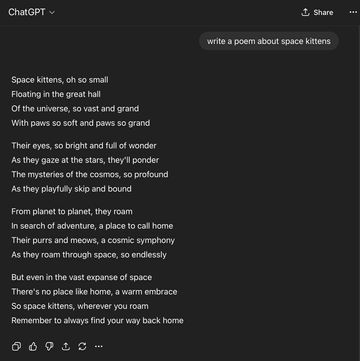 Screenshot of a poem about space kittens composed by ChatGPT