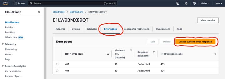 Screenshot of AWS Management Console - S3 CloudFront error pages