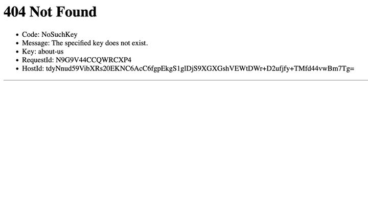 Screenshot of a 404 error thrown by Amazon AWS S3