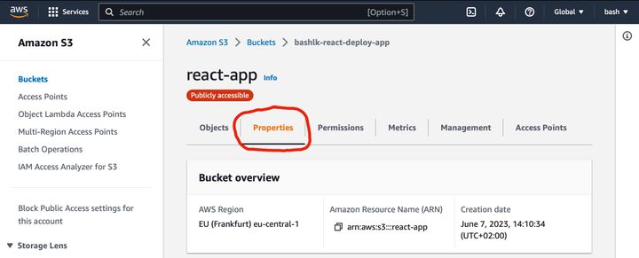 Screenshot of AWS Management Console - S3 bucket properties