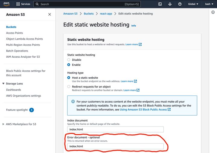 Screenshot of AWS Management Console - S3 static website hosting settings